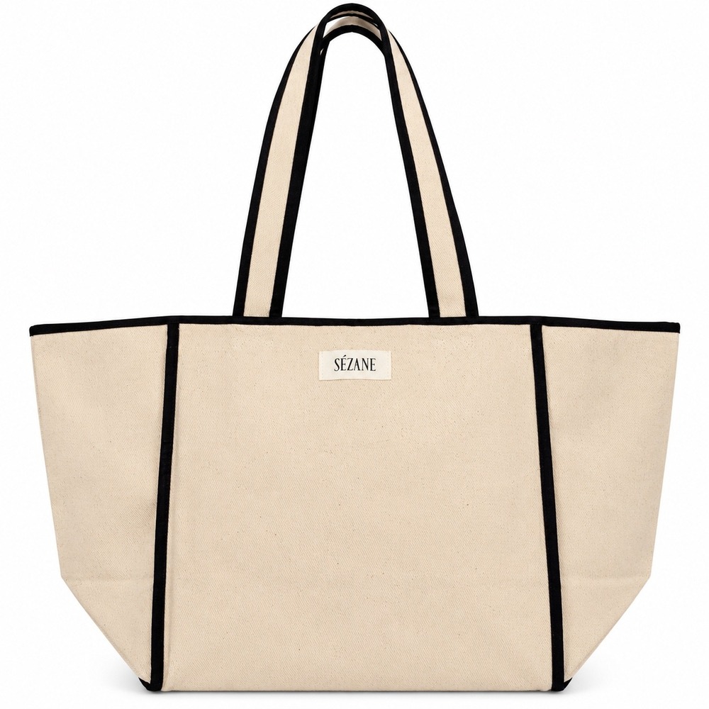 Sezane Canvas Tote Bag Ecru Black Contrast Piping Large Shoulder Bag